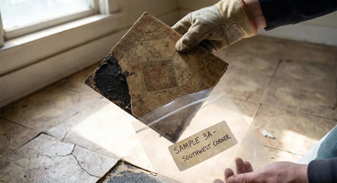 Old 9x9 floor tile and black mastic being sampled for asbestos