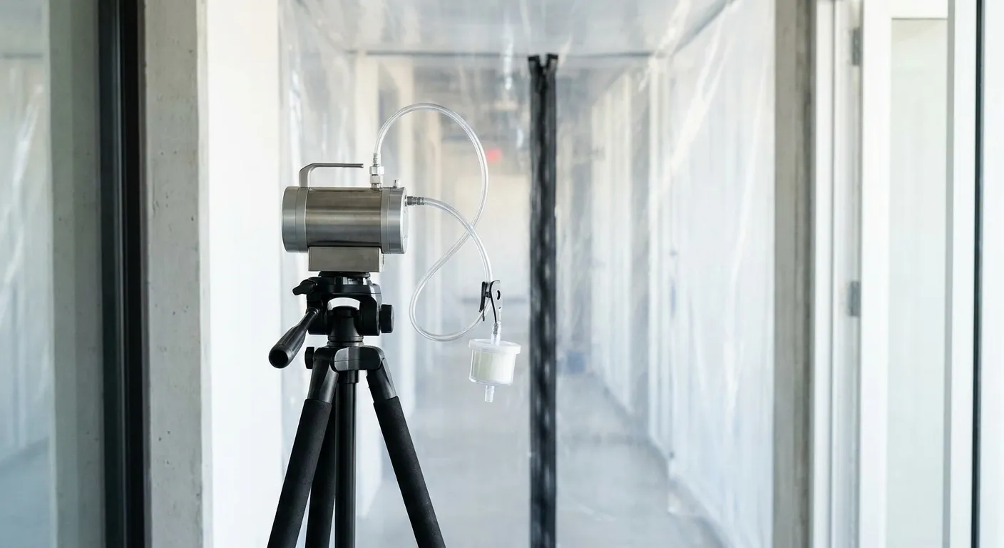 Asbestos air testing pump running a clearance sample in a Broward commercial building
