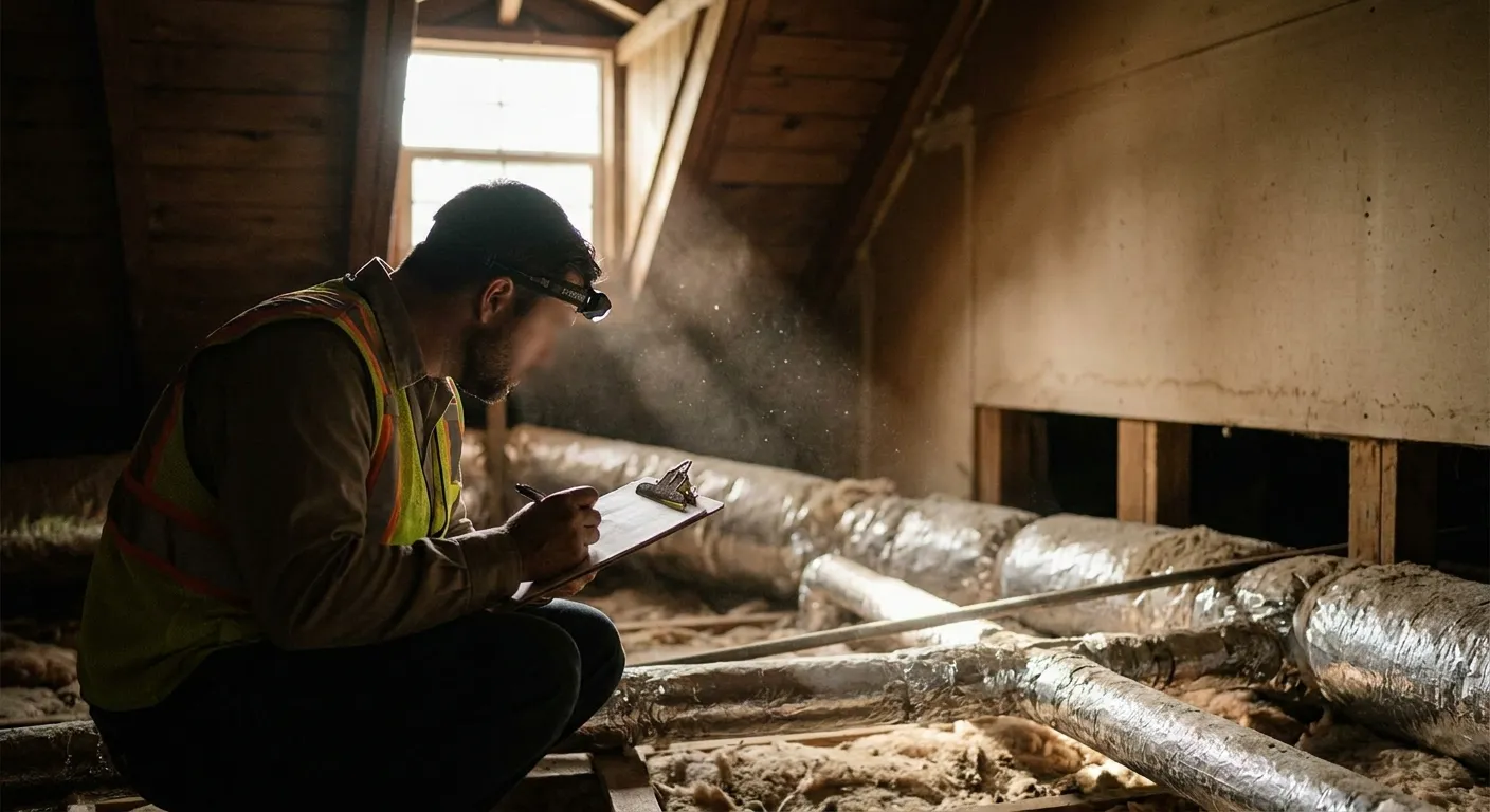 Asbestos inspector examining pipe and duct insulation in a Broward attic