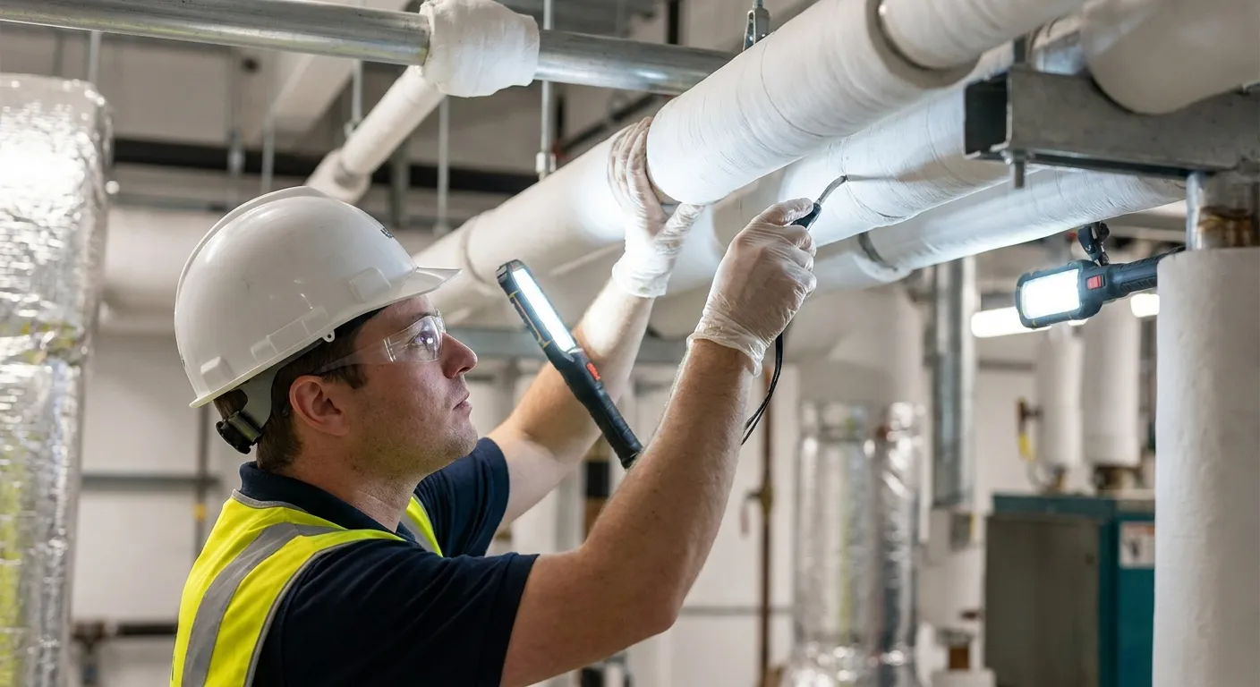 Asbestos inspection of pipe insulation in an older Broward commercial building mechanical room
