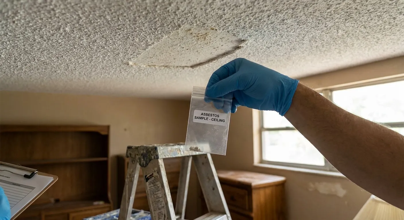 An asbestos inspector bagging a popcorn ceiling sample in a Broward County home