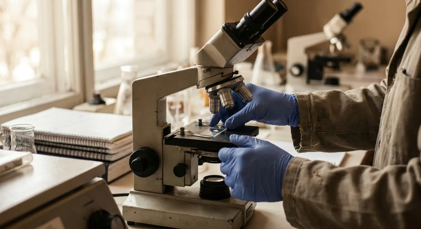 Technician placing an asbestos sample slide under a microscope