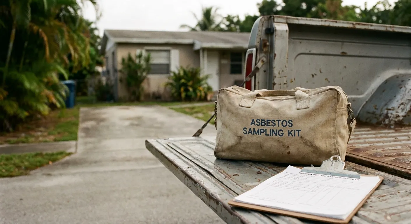Asbestos sampling kit on a work vehicle tailgate in Broward County