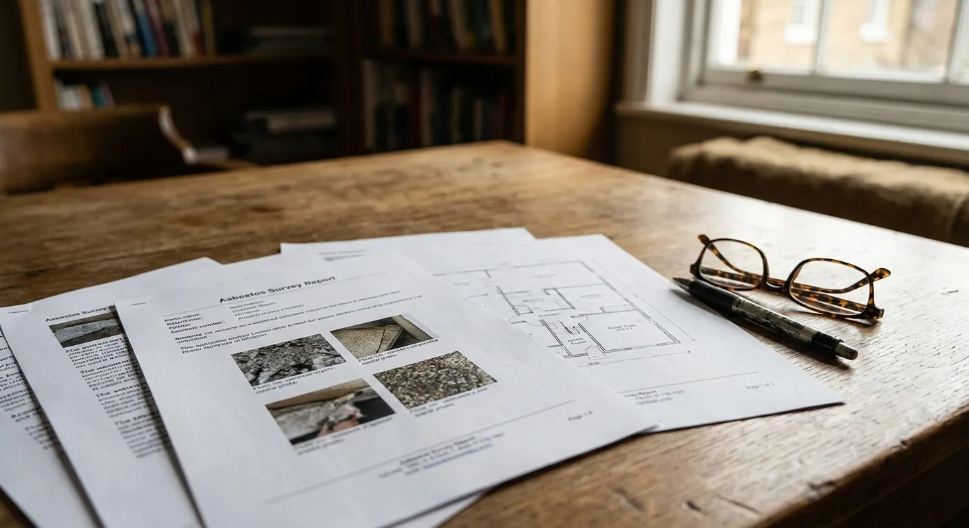 An asbestos survey report and floor plan on a table