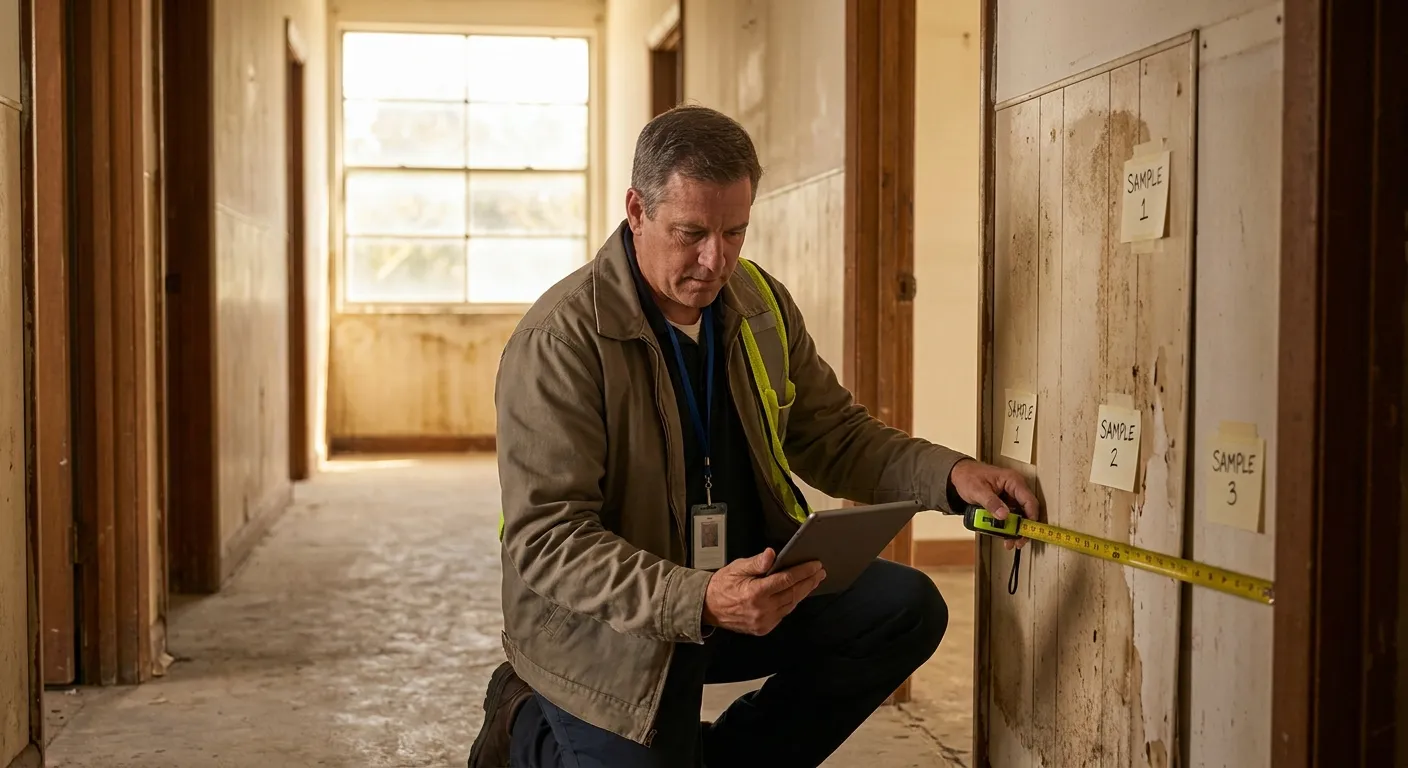 Asbestos survey inspector documenting materials in a Broward building