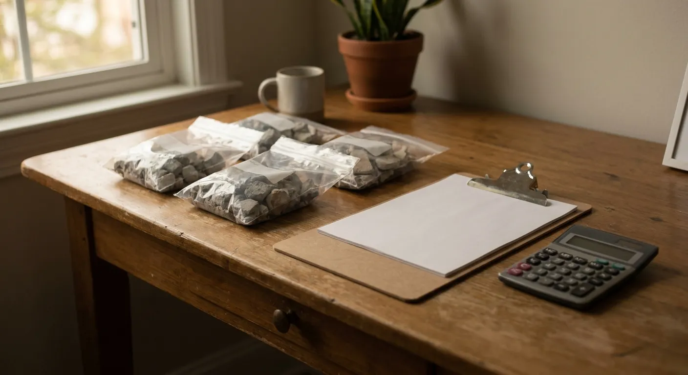 Asbestos testing cost — sample bags and an accredited lab form on a desk