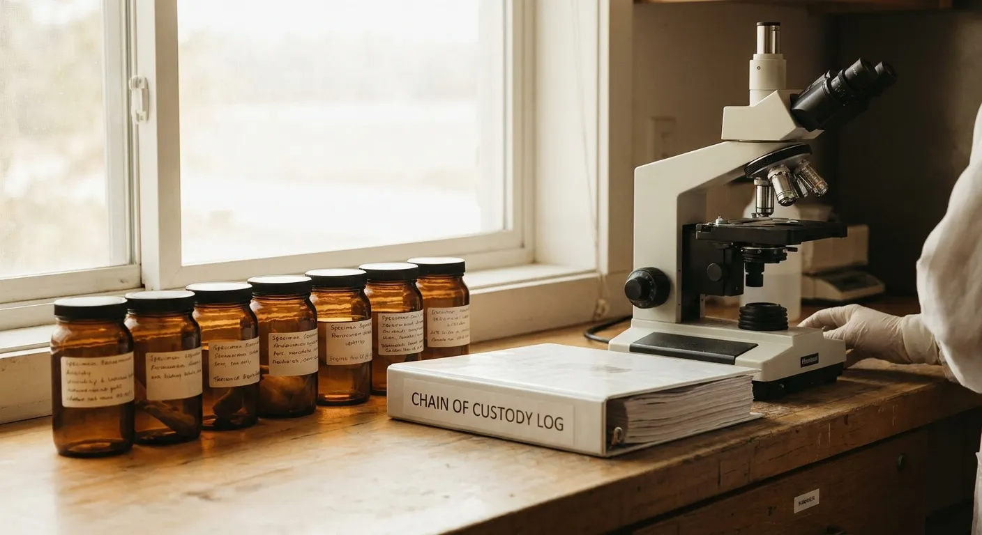 Labeled asbestos samples on a lab bench beside a microscope
