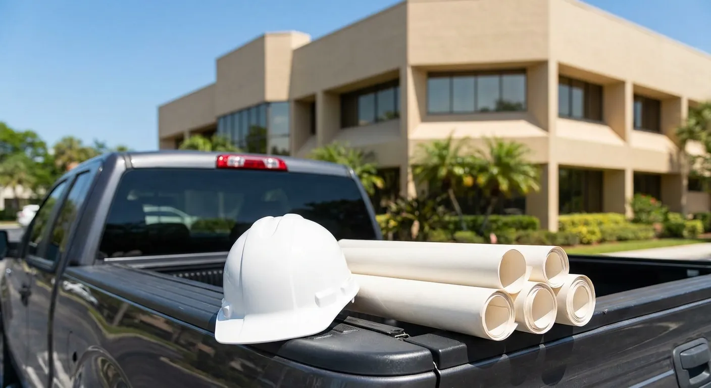 Broward permit plans on a contractor tailgate outside a commercial building needing an asbestos survey