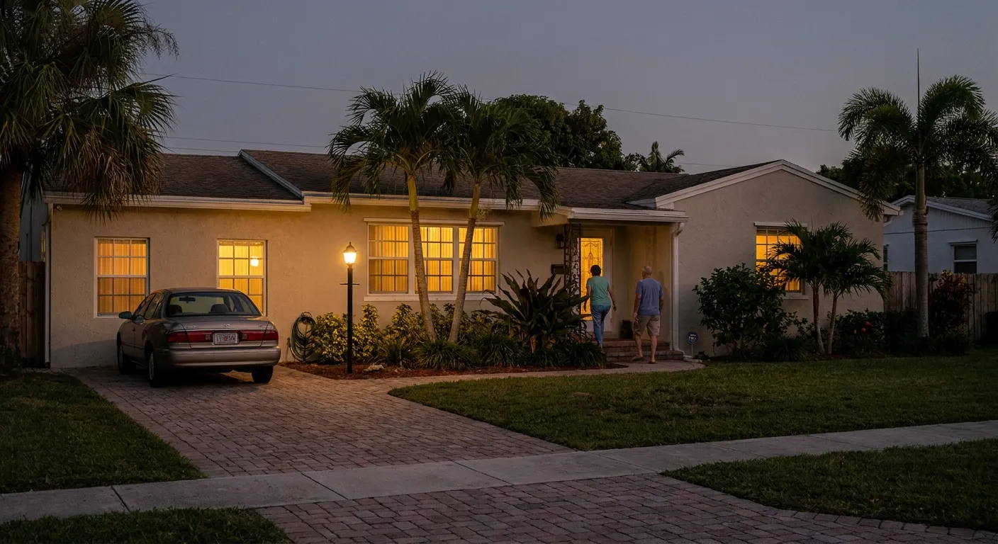 Broward County home at dusk during a sale, when buyers often request asbestos testing