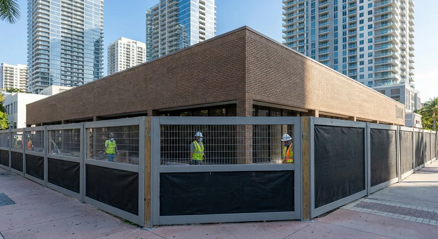 Older downtown Fort Lauderdale commercial building fenced for redevelopment and asbestos testing
