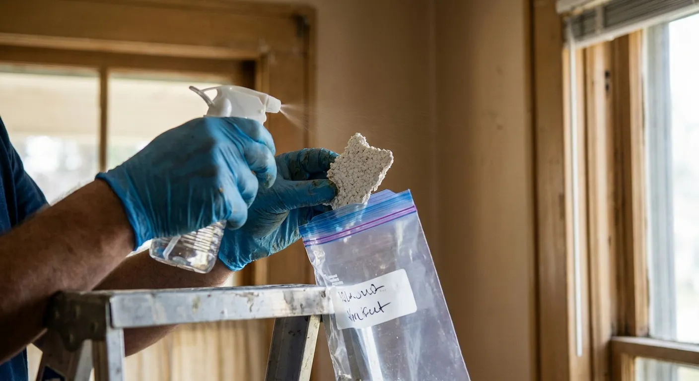 Close-up of a popcorn ceiling asbestos sample being collected